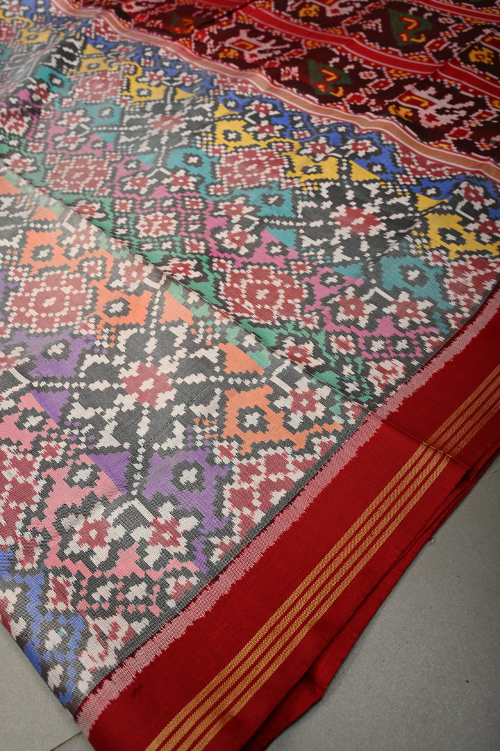 Multicolor Authentic Patan Patola Single Ikkat Pure Silk Saree With Rangkaat Design and Contrast Red Border| SILK MARK CERTIFIED | SHOBITAM