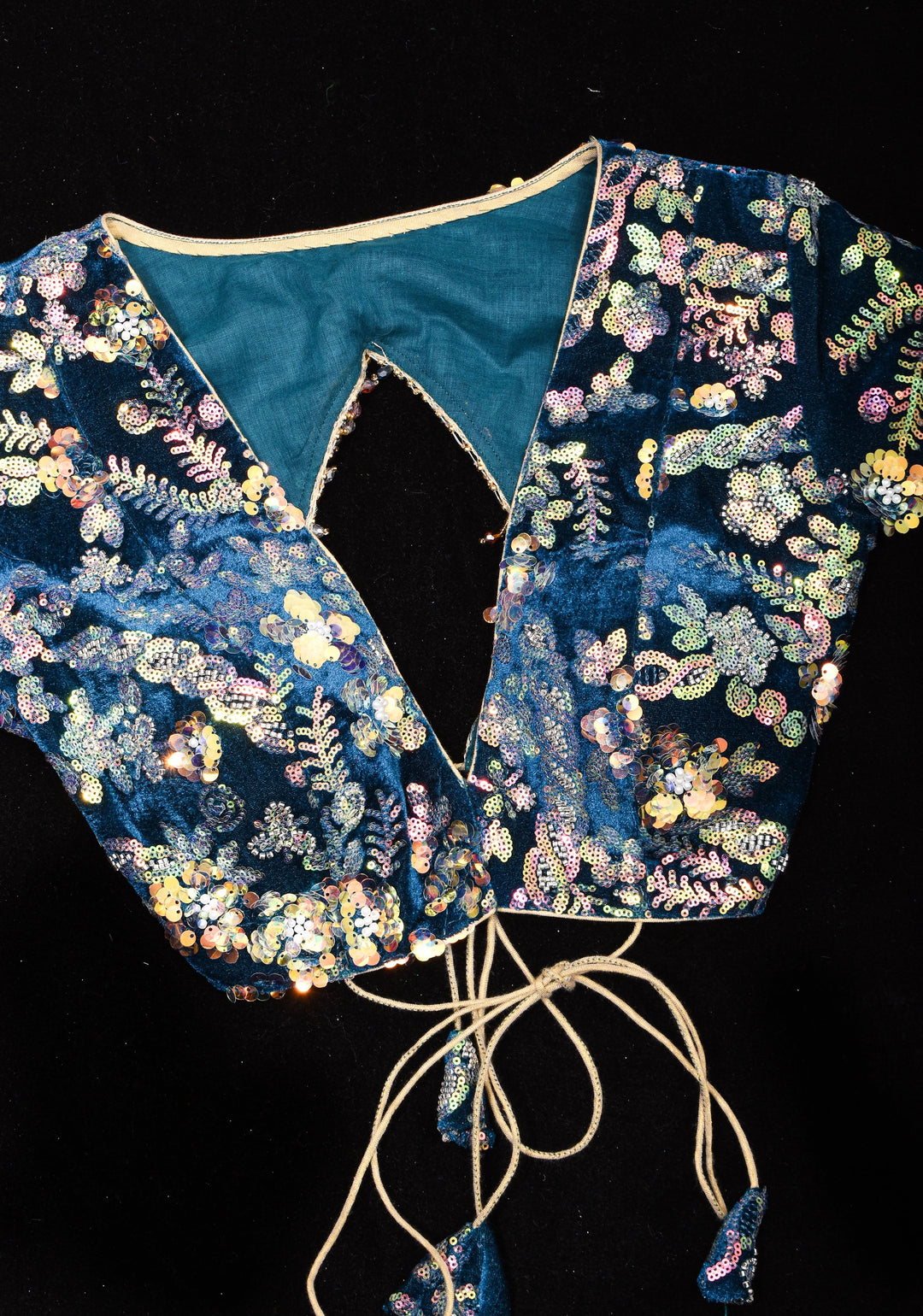 Teal Velvet 3D sequin arch back tie blouse with multicolor danglers,  Made to Order