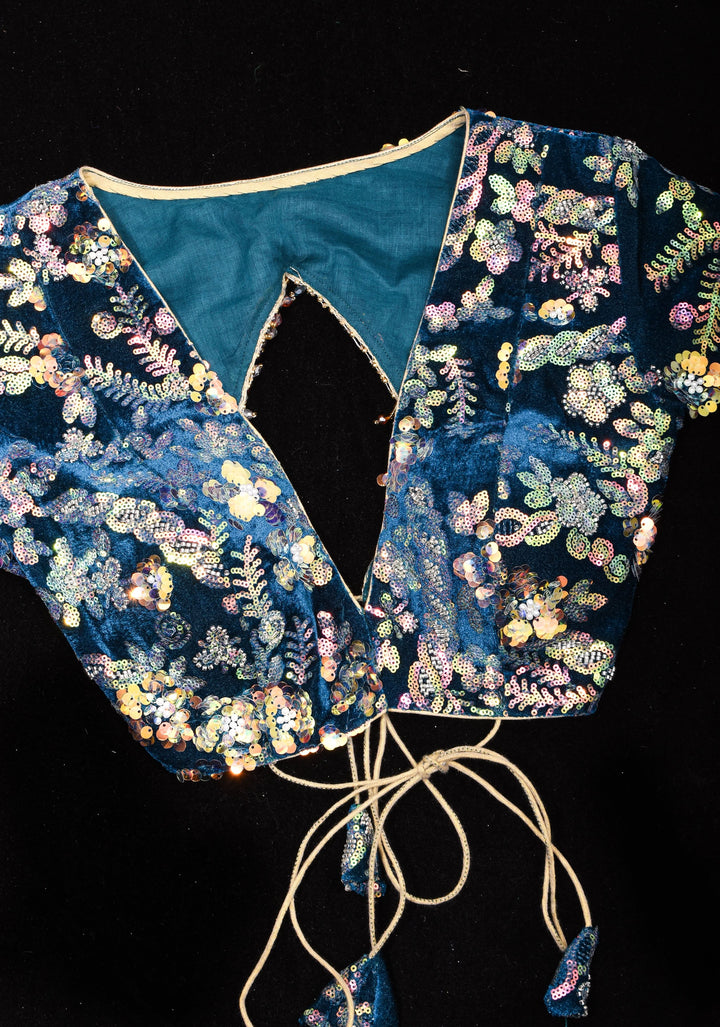 Teal Velvet 3D sequin arch back tie blouse with multicolor danglers,  Made to Order