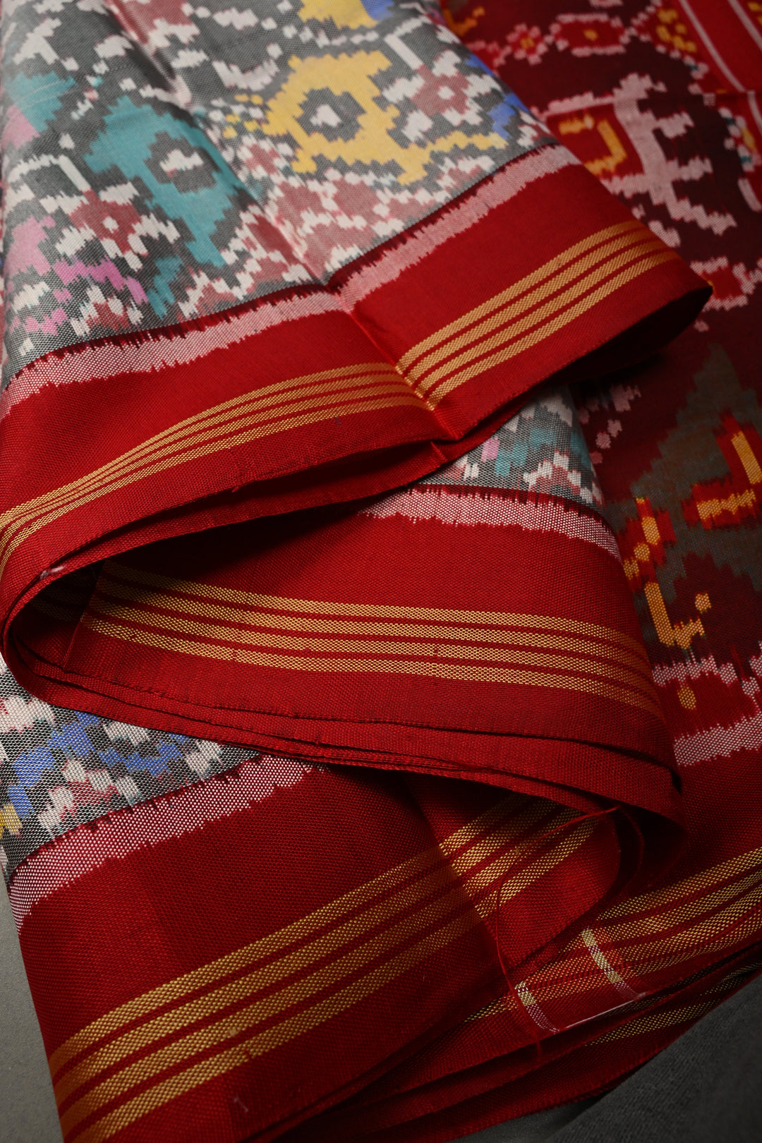 Multicolor Authentic Patan Patola Single Ikkat Pure Silk Saree With Rangkaat Design and Contrast Red Border| SILK MARK CERTIFIED | SHOBITAM