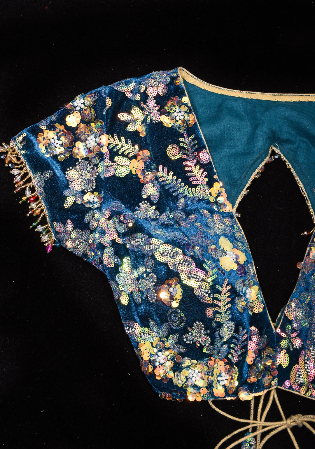 Teal Velvet 3D sequin arch back tie blouse with multicolor danglers,  Made to Order