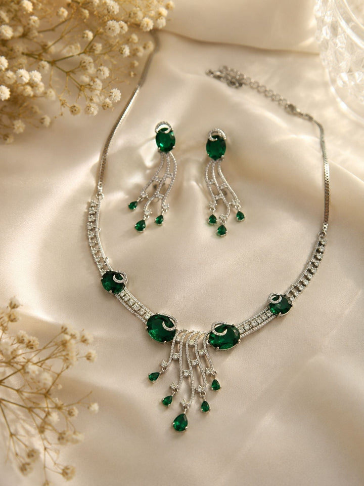Silver Tone Cz Ruby Emerald and American Diamond Necklace Set | SHOBITAM