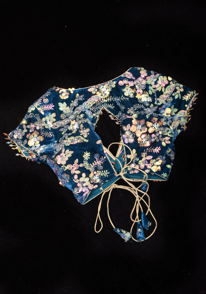 Teal Velvet 3D sequin arch back tie blouse with multicolor danglers,  Made to Order