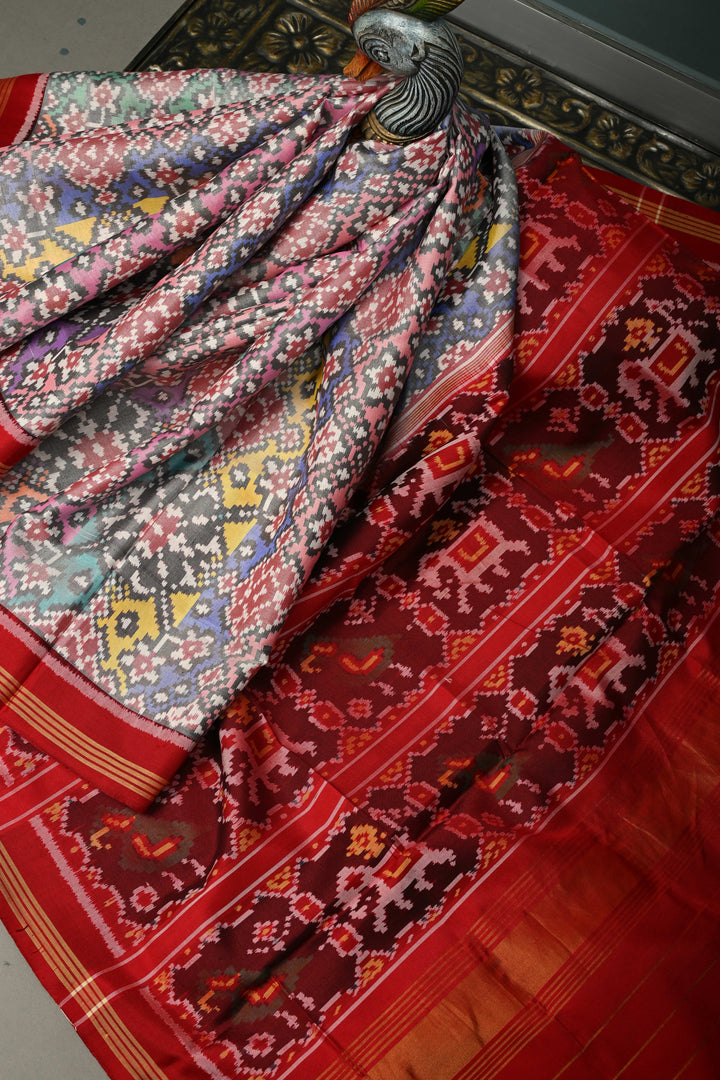 Multicolor Authentic Patan Patola Single Ikkat Pure Silk Saree With Rangkaat Design and Contrast Red Border| SILK MARK CERTIFIED | SHOBITAM