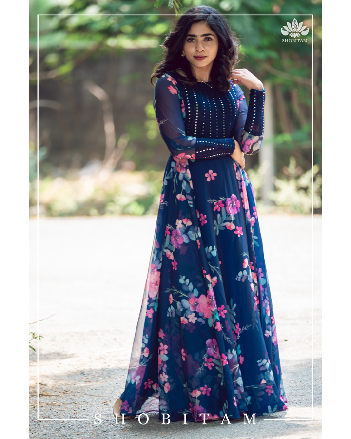 Floral Organza Navy Gown with foil mirror detailing on yoke | Made To Order