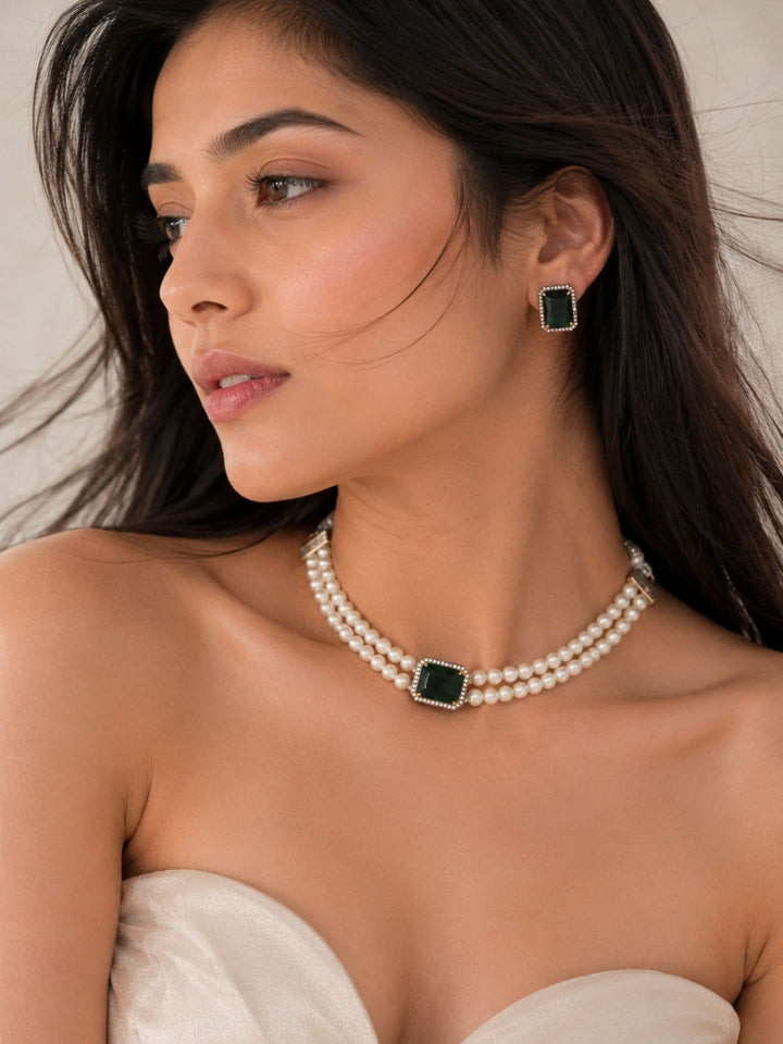 Minimal Oxidised Gold Emerald Pearl Choker Set | SHOBITAM