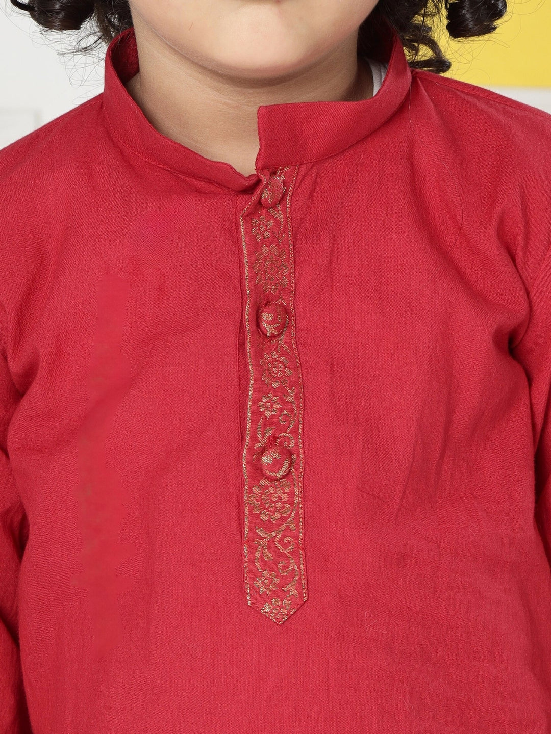 Red Minimal Zari Embroidery Cotton Kurta Dhoti set | SHOBITAM