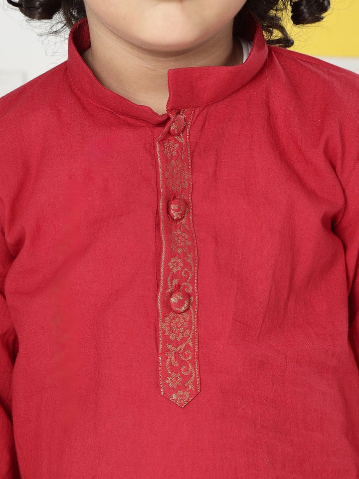 Red Minimal Zari Embroidery Cotton Kurta Dhoti set | SHOBITAM
