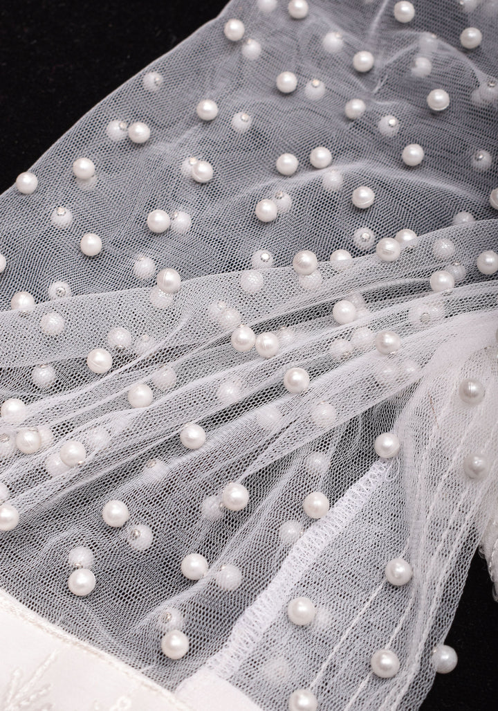 Pearls On Net Unique Blouse in Off white with sheer back and elasticated shoulders