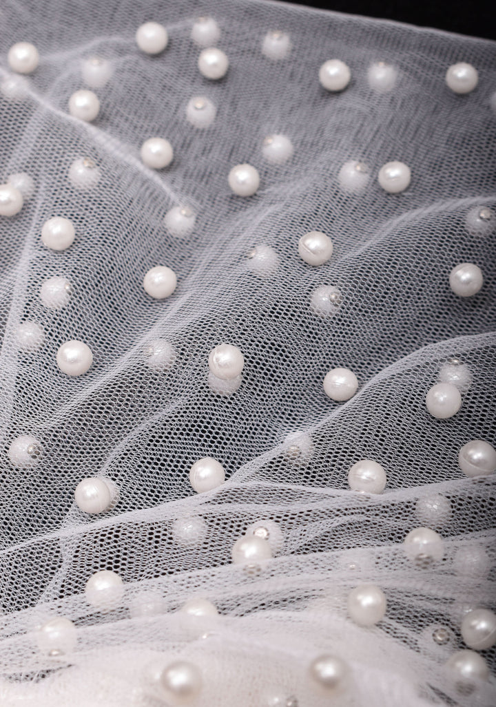 Pearls On Net Unique Blouse in Off white with sheer back and elasticated shoulders