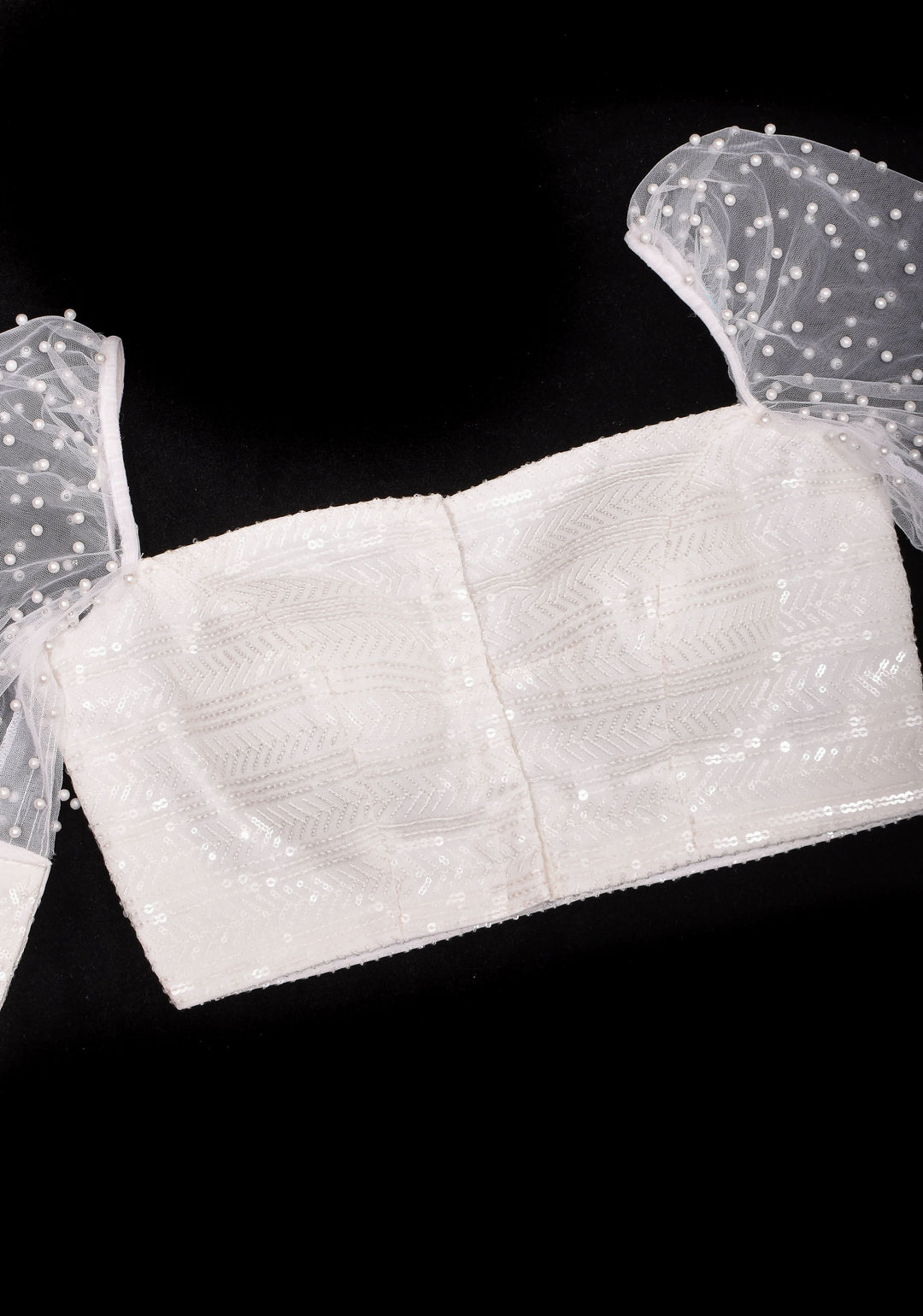 Pearls On Net Unique Blouse in Off white with sheer back and elasticated shoulders