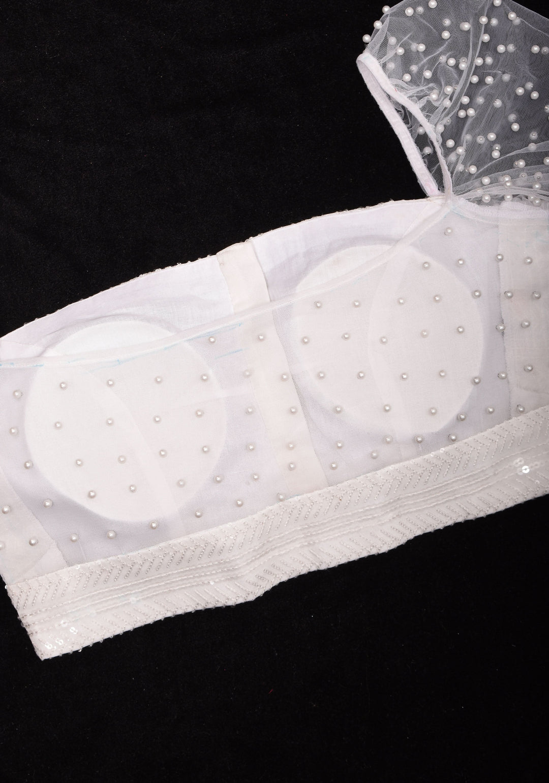 Pearls On Net Unique Blouse in Off white with sheer back and elasticated shoulders