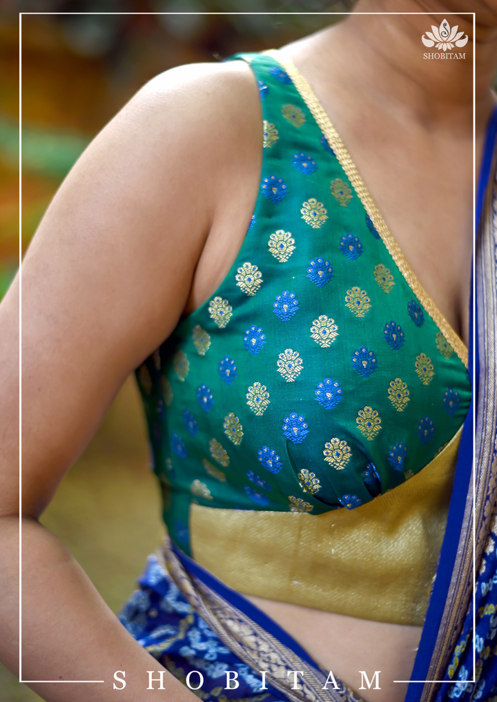 Dark Teal Saree Blouse with buttas and contrasting Gold base