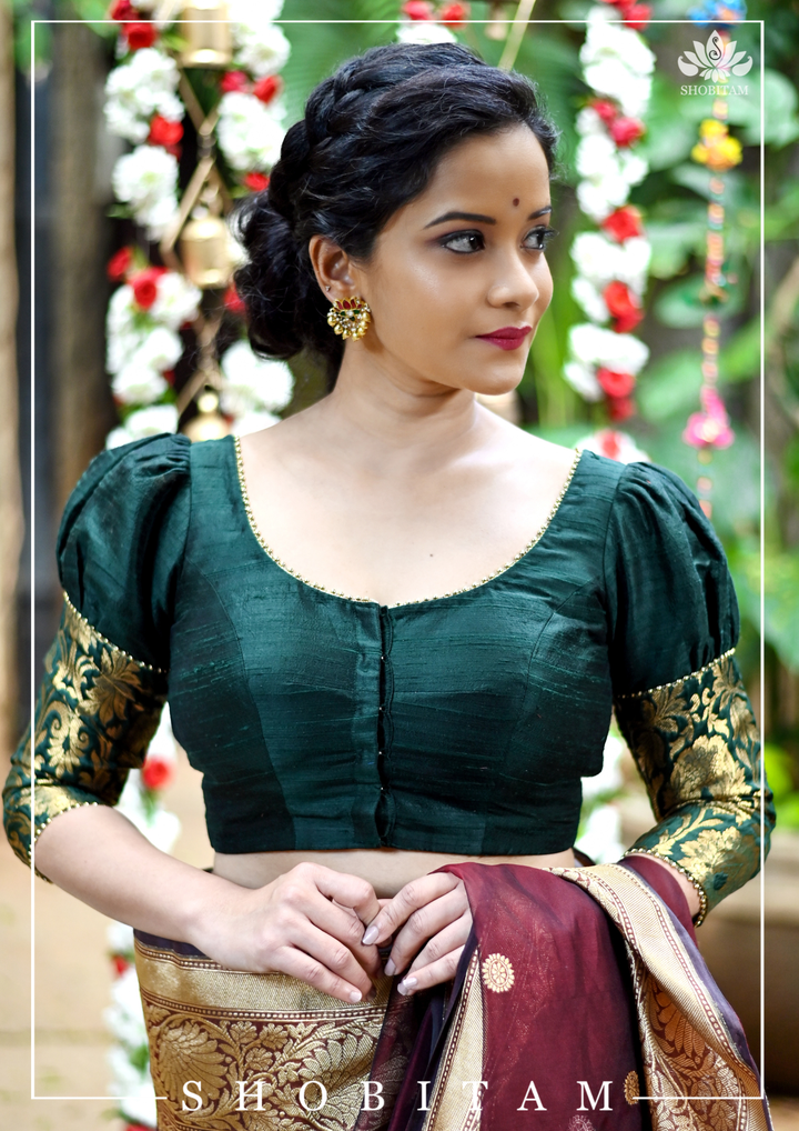 Sacramento Green Puff Sleeve Blouse with Banarasi Brocade Detailing