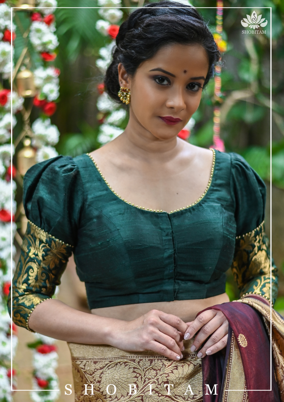 Sacramento Green Puff Sleeve Blouse with Banarasi Brocade Detailing