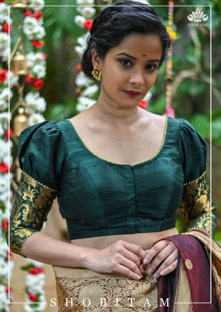 Sacramento Green Puff Sleeve Blouse with Banarasi Brocade Detailing