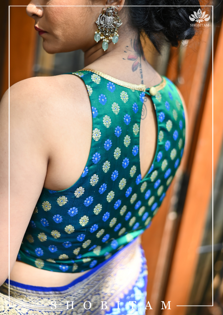 Dark Teal Saree Blouse with buttas and contrasting Gold base