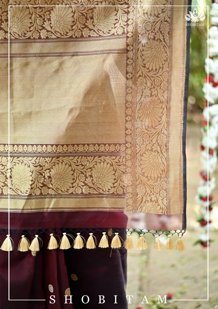 Pure Kora Silk Banarasi Saree in Maroon Dual Tone with Kadhuwa weave zari buttas | SILK MARK CERTIFIED