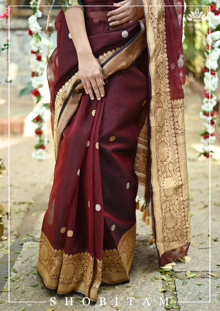 Pure Kora Silk Banarasi Saree in Maroon Dual Tone with Kadhuwa weave zari buttas | SILK MARK CERTIFIED