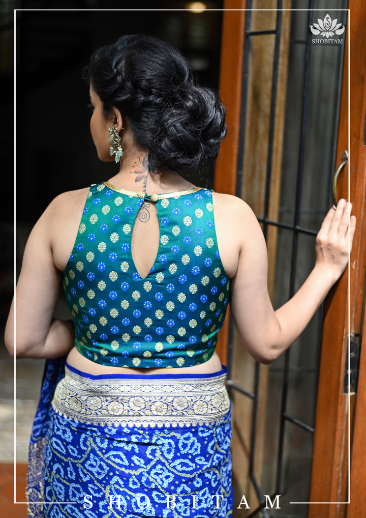 Dark Teal Saree Blouse with buttas and contrasting Gold base