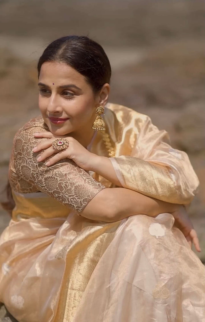 Stunning Golden Tissue Pure Silk Banarasi Saree with Sona Rupa Damask Motifs and Gold Zari Border | SILK MARK CERTIFIED | SHOBITAM