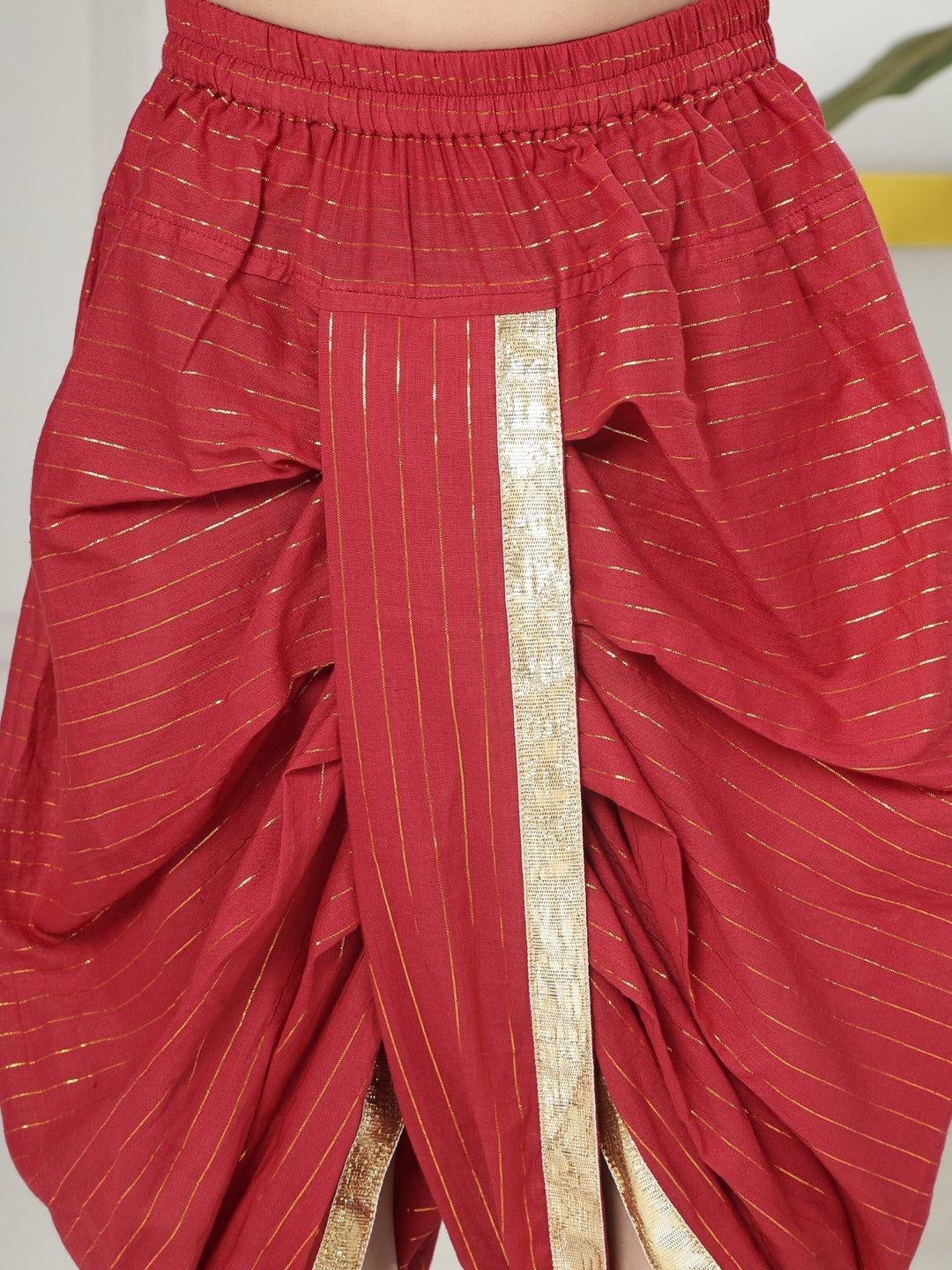 Red Minimal Zari Embroidery Cotton Kurta Dhoti set | SHOBITAM