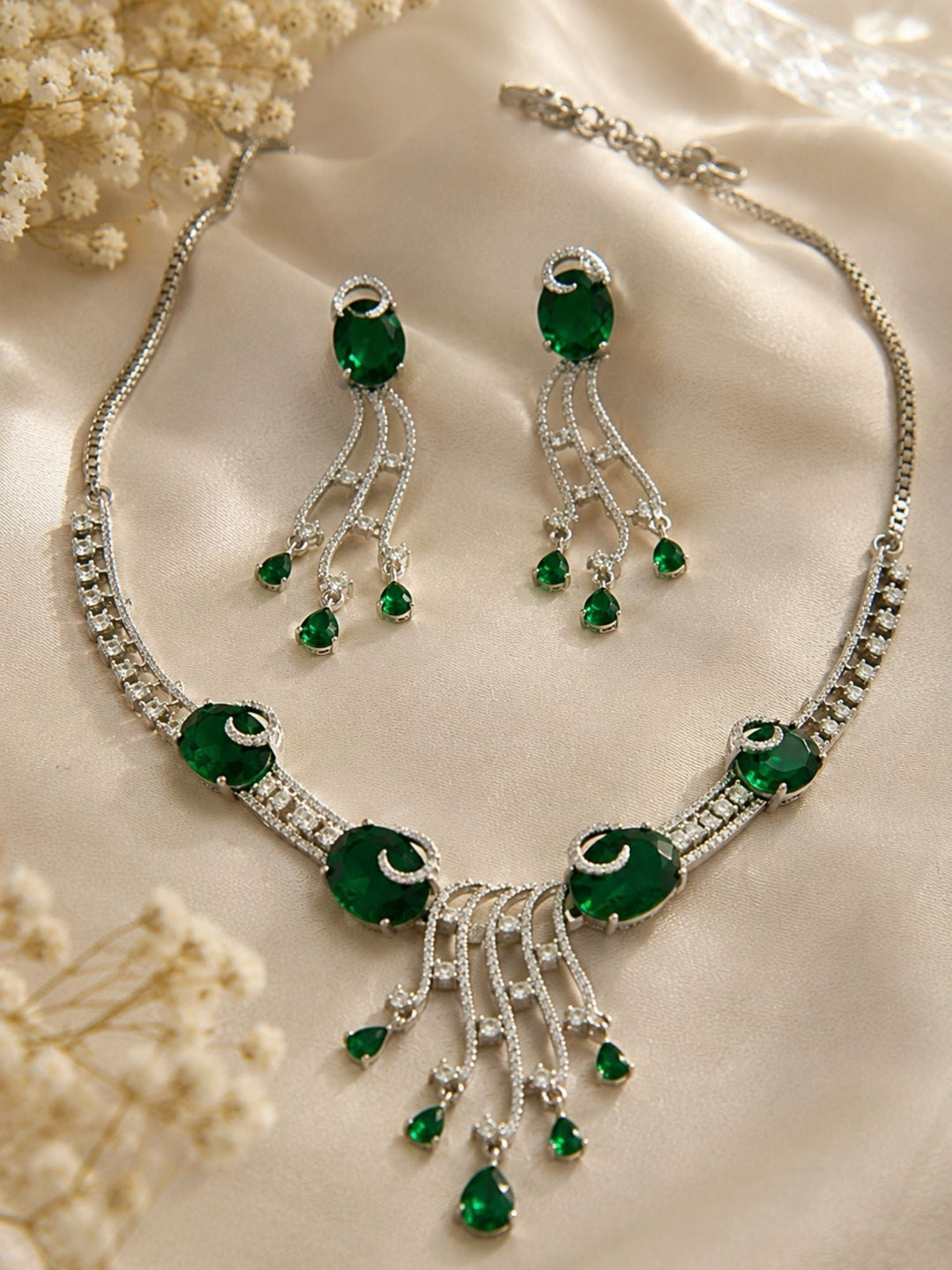 Silver Tone Cz Ruby Emerald and American Diamond Necklace Set | SHOBITAM