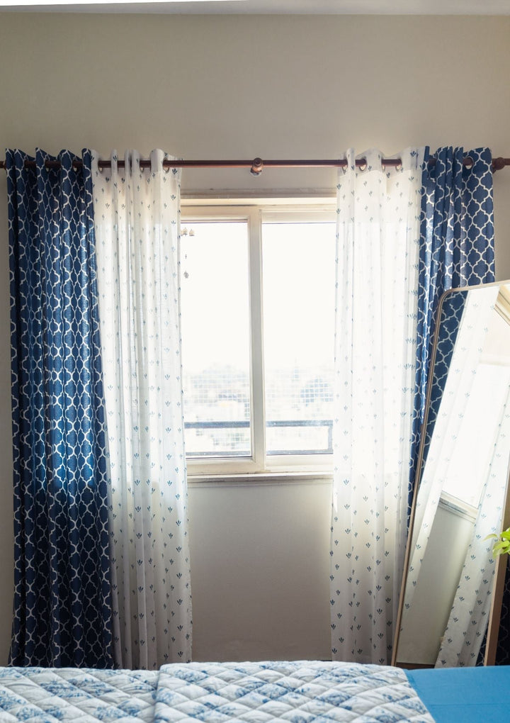 Reverse Trellis Royal Blue 100% cotton geometric curtain for bed room - Room darkening - Single Piece  | SHOBITAM
