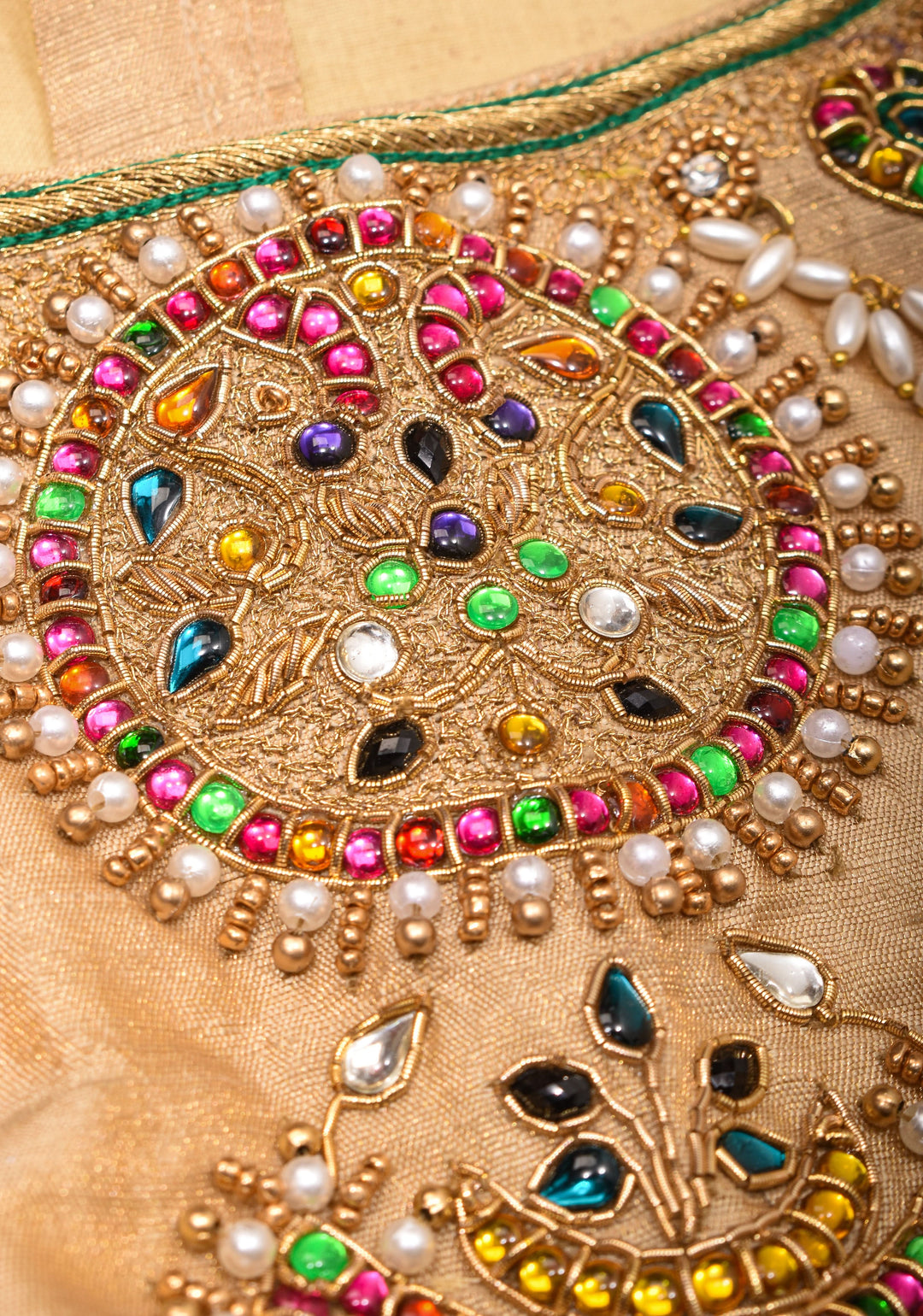 Sandalwood Color Pure Raw Silk Tissue Blouse with multicolor stone Necklace and Bajuband Handwork,  Made to Order