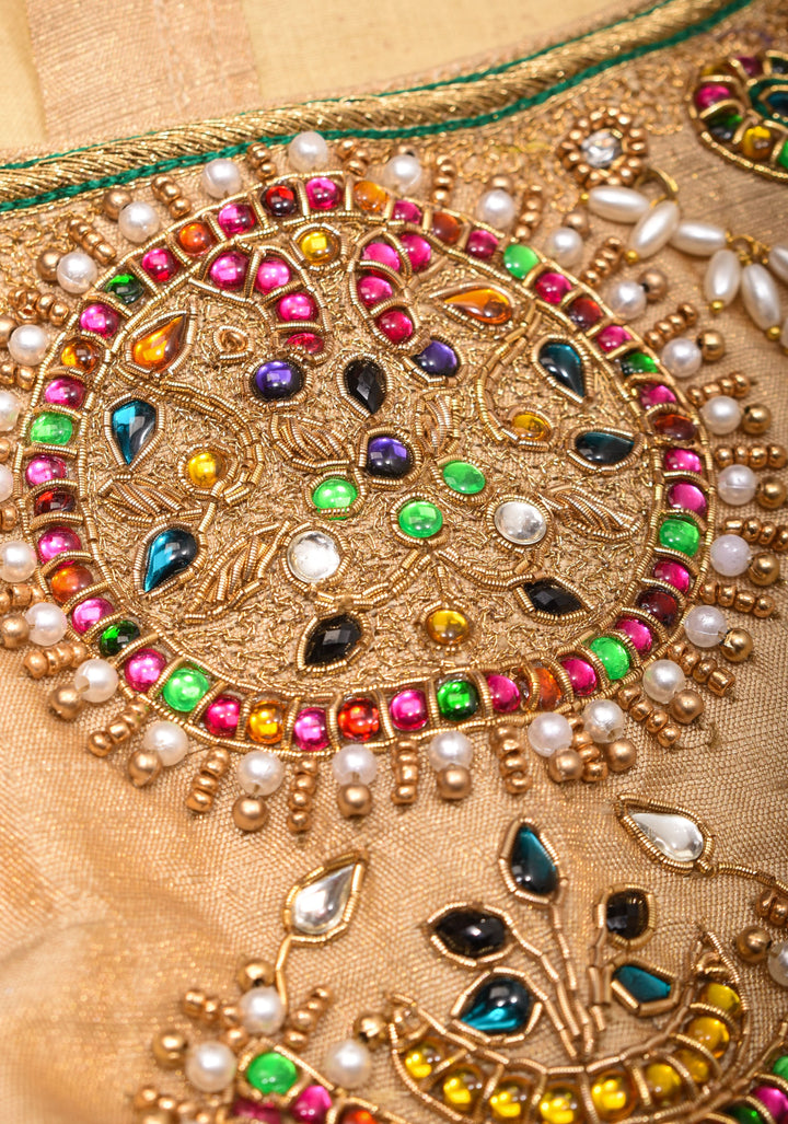 Sandalwood Color Pure Raw Silk Tissue Blouse with multicolor stone Necklace and Bajuband Handwork,  Made to Order