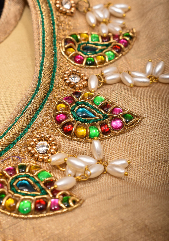 Sandalwood Color Pure Raw Silk Tissue Blouse with multicolor stone Necklace and Bajuband Handwork,  Made to Order