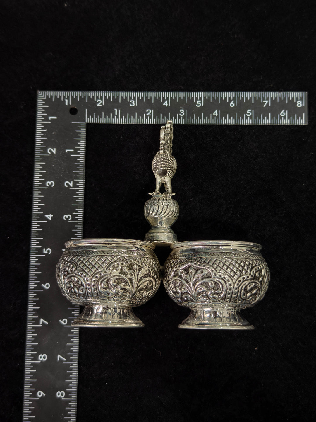 Pure 92.5 Silver Chandan Kumkum Holder with Peacock detailing, 6.2"