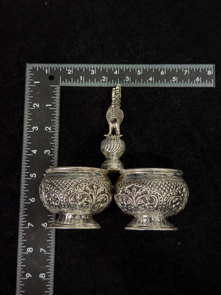 Pure 92.5 Silver Chandan Kumkum Holder with Peacock detailing, 6.2"