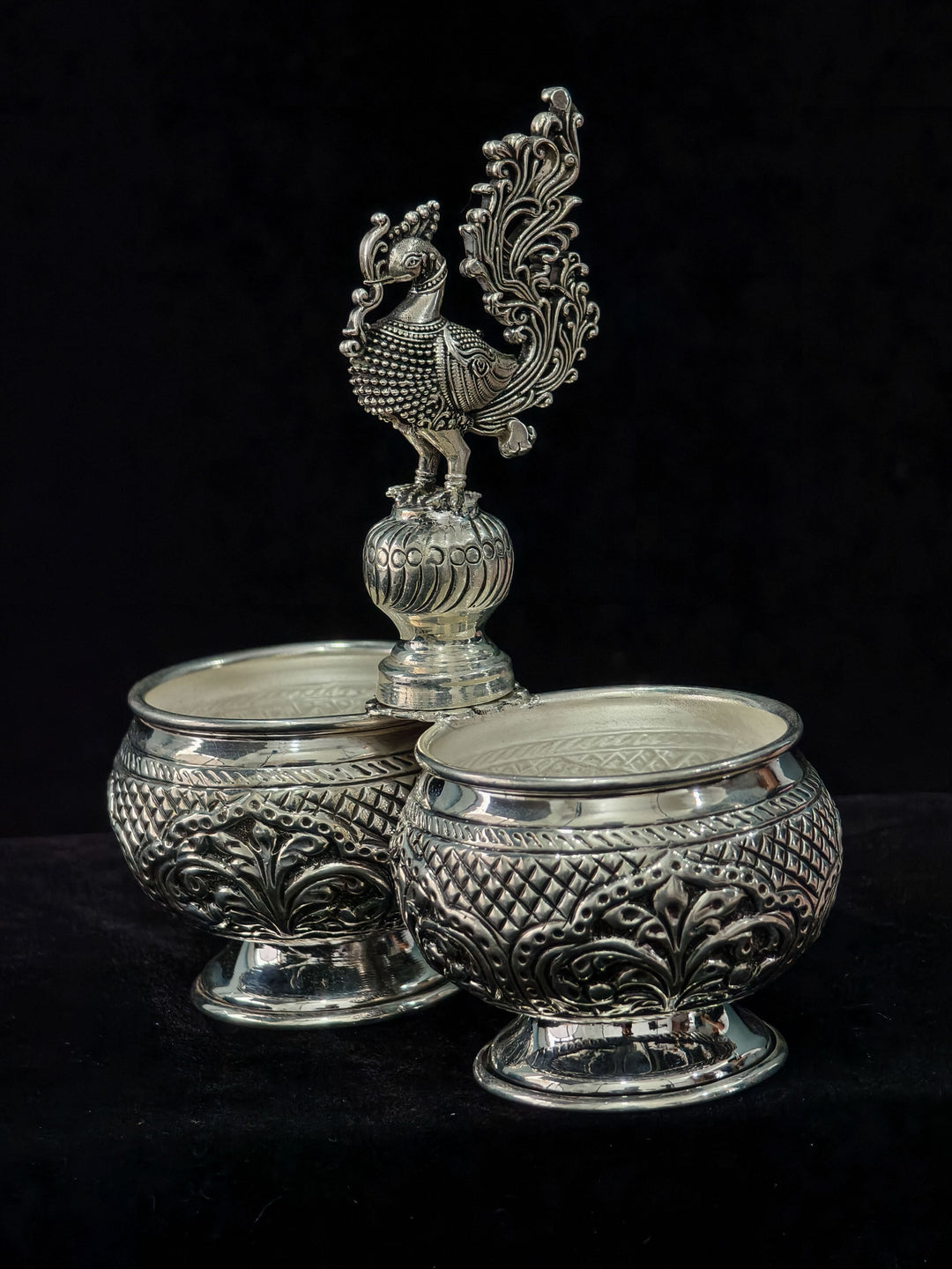 Pure 92.5 Silver Chandan Kumkum Holder with Peacock detailing, 6.2"