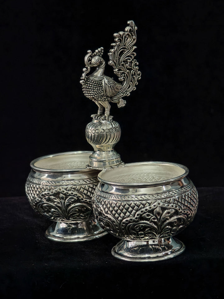 Pure 92.5 Silver Chandan Kumkum Holder with Peacock detailing, 6.2"