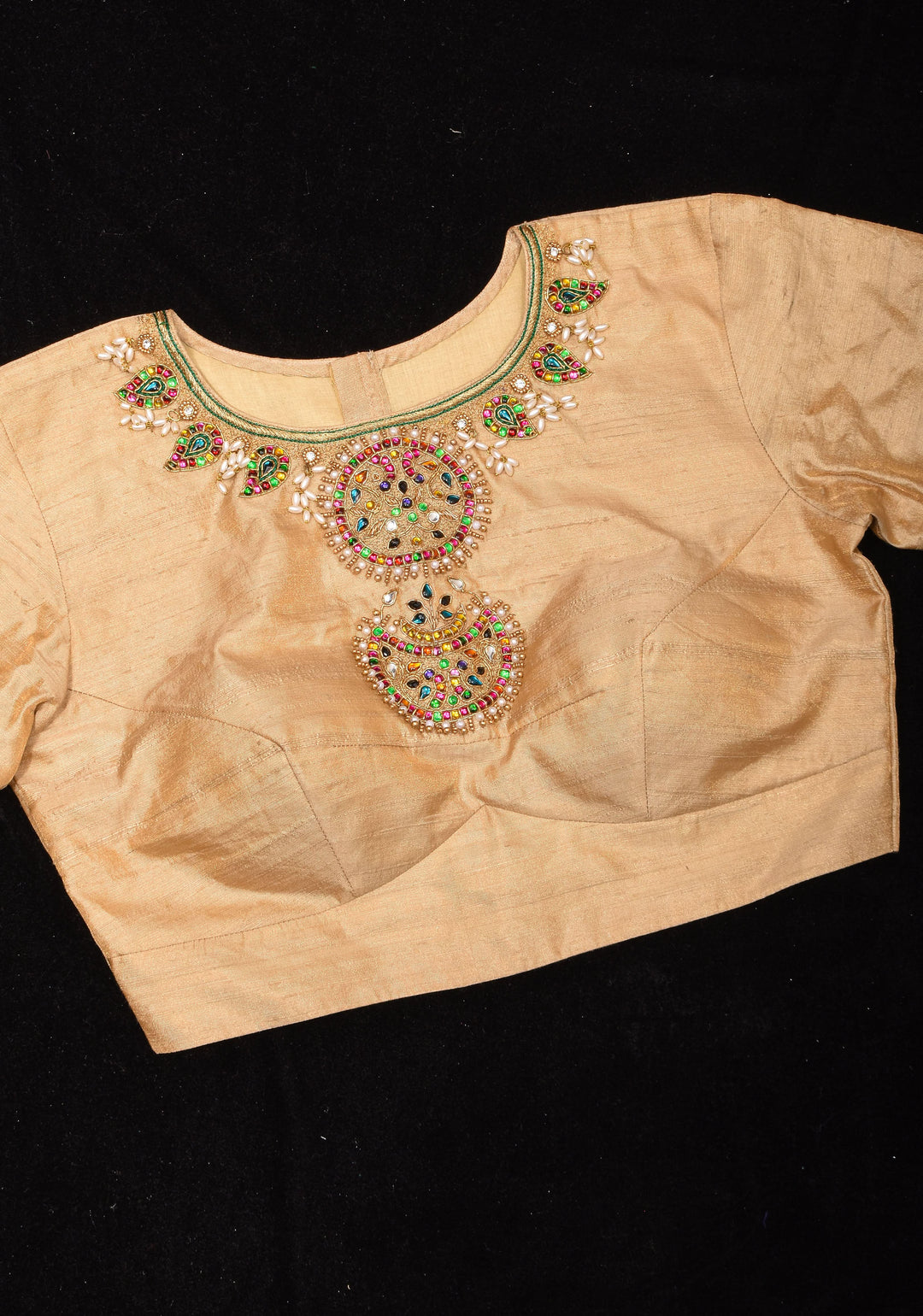 Sandalwood Color Pure Raw Silk Tissue Blouse with multicolor stone Necklace and Bajuband Handwork,  Made to Order