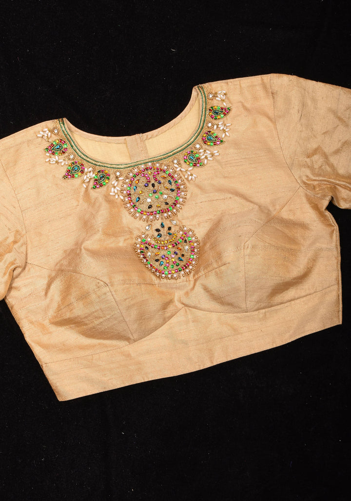 Sandalwood Color Pure Raw Silk Tissue Blouse with multicolor stone Necklace and Bajuband Handwork,  Made to Order