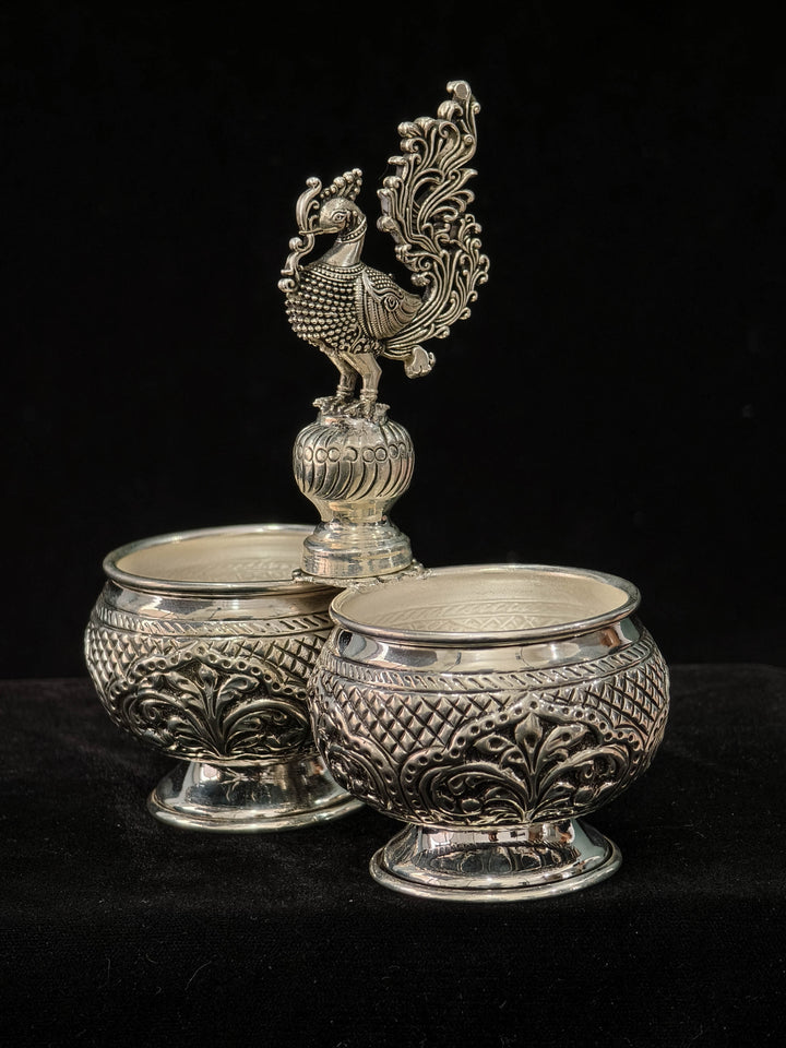 Pure 92.5 Silver Chandan Kumkum Holder with Peacock detailing, 6.2"