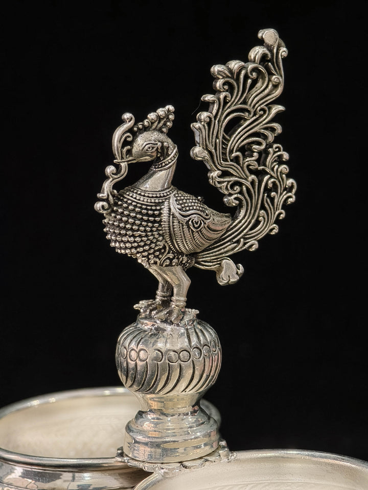 Pure 92.5 Silver Chandan Kumkum Holder with Peacock detailing, 6.2"