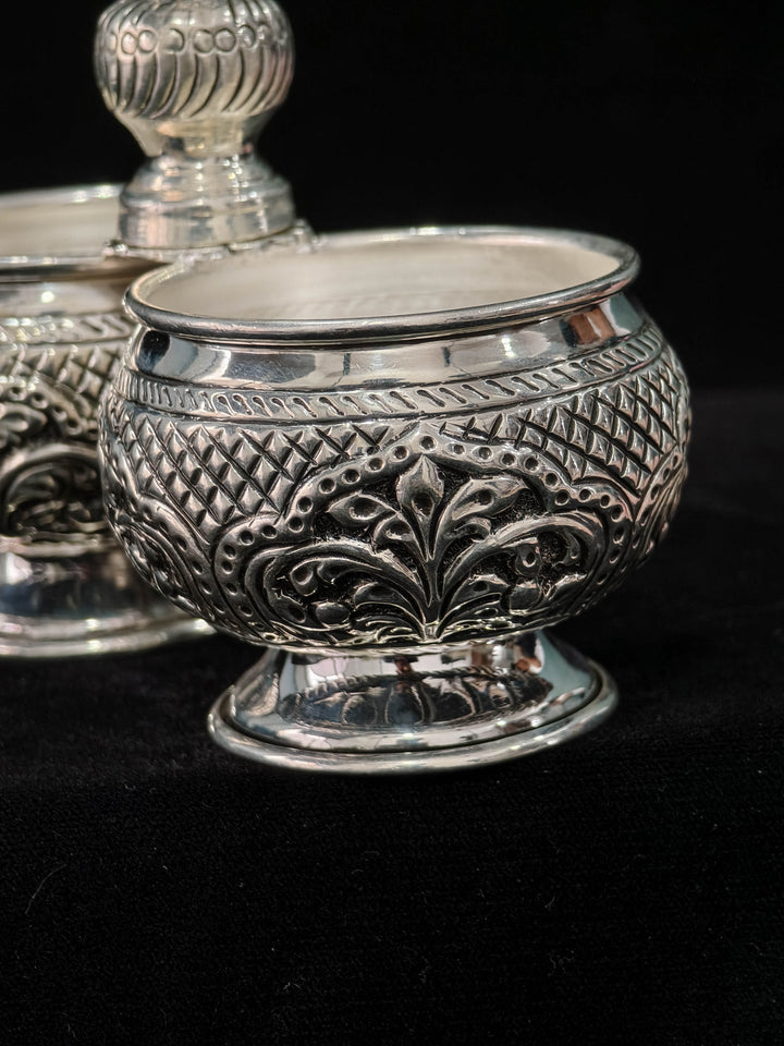Pure 92.5 Silver Chandan Kumkum Holder with Peacock detailing, 6.2"