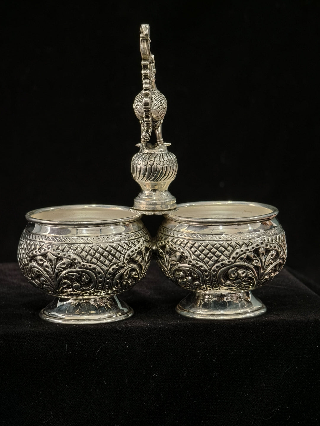 Pure 92.5 Silver Chandan Kumkum Holder with Peacock detailing, 6.2"