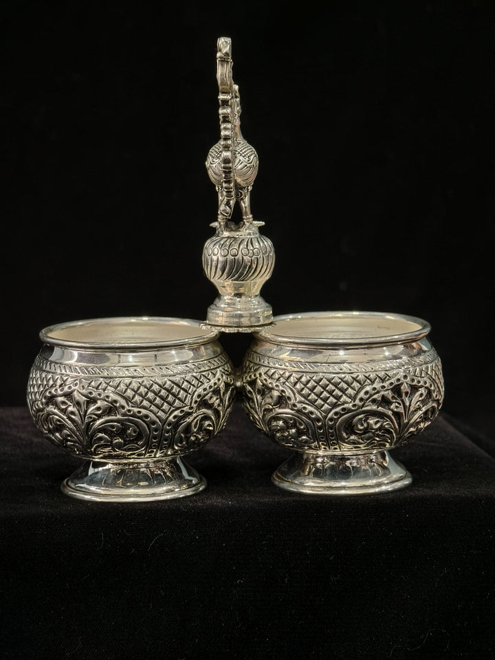 Pure 92.5 Silver Chandan Kumkum Holder with Peacock detailing, 6.2"