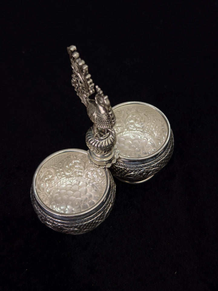 Pure 92.5 Silver Chandan Kumkum Holder with Peacock detailing, 6.2"