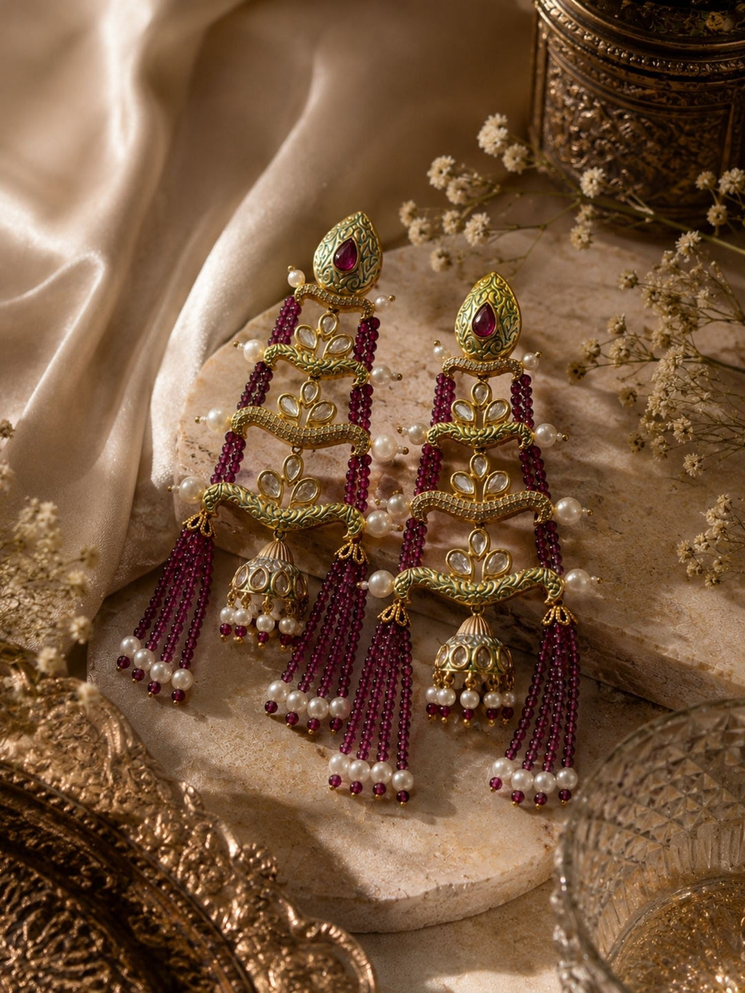 Royal Pink Beaded Jhumka Tassel Earrings – Traditional Kundan Statement Earrings | SHOBITAM