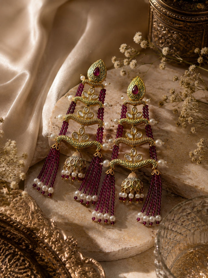 Royal Pink Beaded Jhumka Tassel Earrings – Traditional Kundan Statement Earrings | SHOBITAM