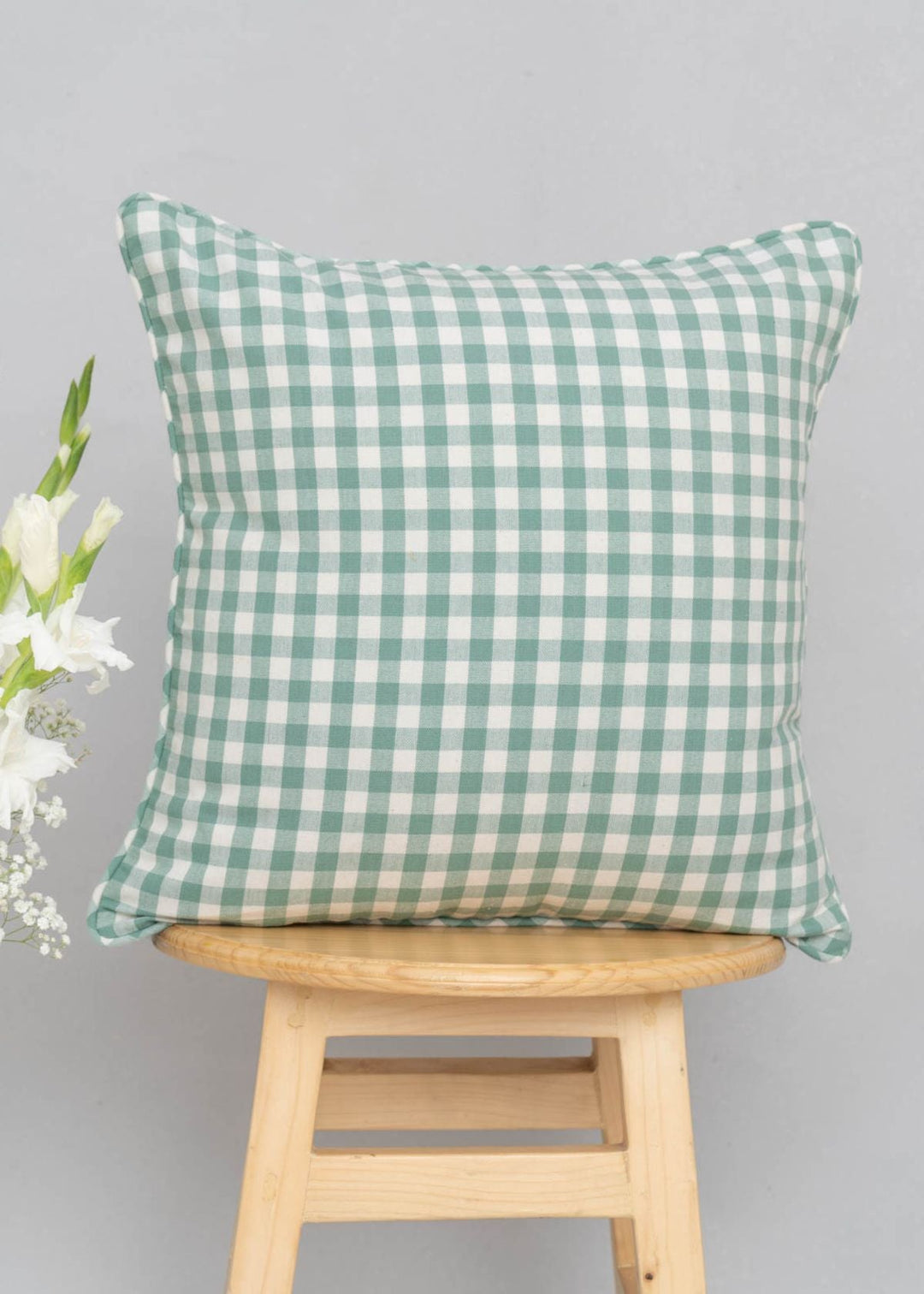 Gingham Sage Green Geometric Cushion Cover for Sofa – 100% Cotton | SHOBITAM