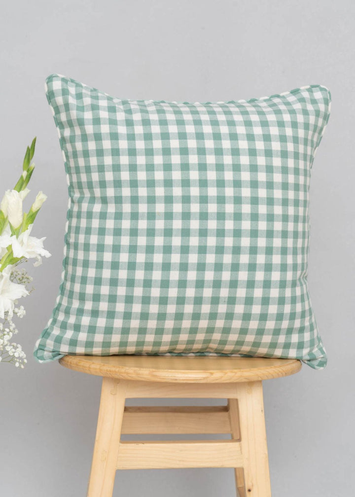 Gingham Sage Green Geometric Cushion Cover for Sofa – 100% Cotton | SHOBITAM