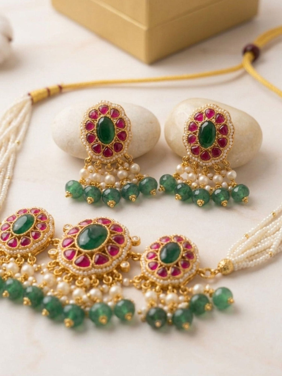 Gold Plated Emerald Pachi Kundan Necklace Set | SHOBITAM