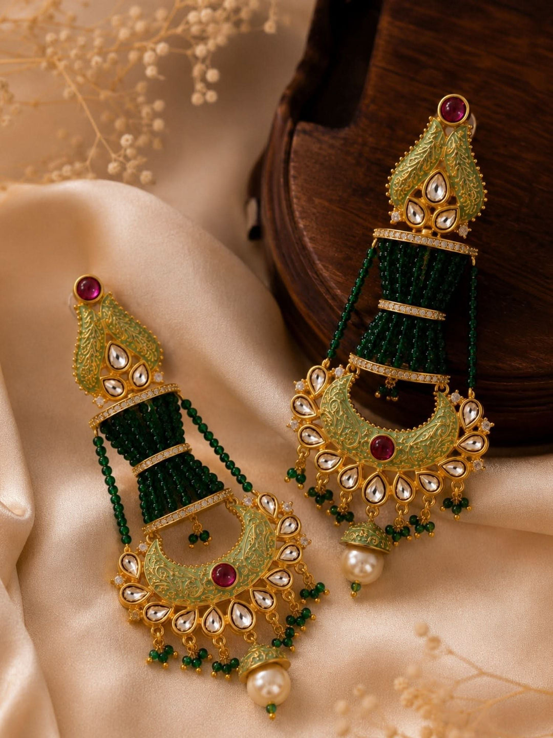 Green Kundan Chandbali Earrings – Wedding Wear | SHOBITAM