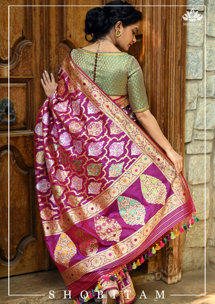Authentic Kadhuwa Jungla Multi-color Meenakari Jaal Banarasi Silk Saree in Plum with Grand Pallu and Zari  | SILK MARK CERTIFIED